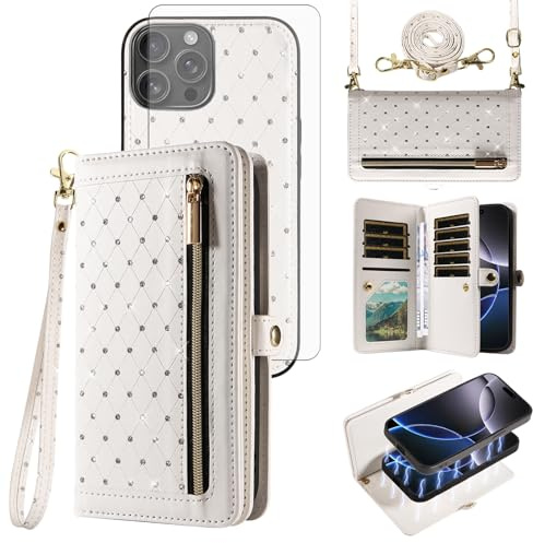 Phone Case for iPhone 12 Pro Max 6.7 Zipper Wallet Detachable Magnetic Cover with Screen Protector Crossbody Lanyard Strap Bling Glitter iPhone12promax 5G i 12s Plus iPhone12 12pro Promax Girls White