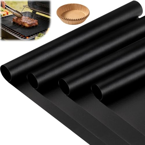 4 Pièces Tapis de Cuisson Four 40 x 33cm Feuille de Cuisson Reutilisable Noir Tapis de Pour Four Avec 20 Pièces Feuilles de Papier Sulfurisé Tapis pour Fond Chaleur Pour Grills Barbecues Charbon Bois
