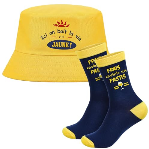 Geyoga Bob Jaune et Chaussettes Rigolotes “Frais Comme un Pastis” | Taille 39-46, Set Cadeaux Humour pour Hommes, Papa, Ami – Style Sud de France