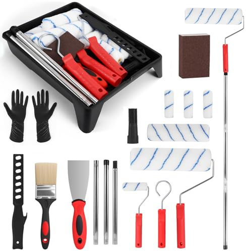 Paint Roller Set, 17 pcs Roller Sets for Painting,Roller Paint Set with 9 Inch Paint Tray,Wallpaper Brush,Paint Roller Extension Pole,4 Inch &2 Inch Paint Roller,Wallpaper Scraper for Walls&Ceilings