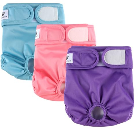 Hisprout 3-Pack Weibliche Hundewindel Hochabsorbierende Inkontinenz Wiederverwendbare Waschbare Atmungsaktive Dauerhafte Hundewindel Hosen Hund Saison Hosen (L,Pink/Purple/Blue)