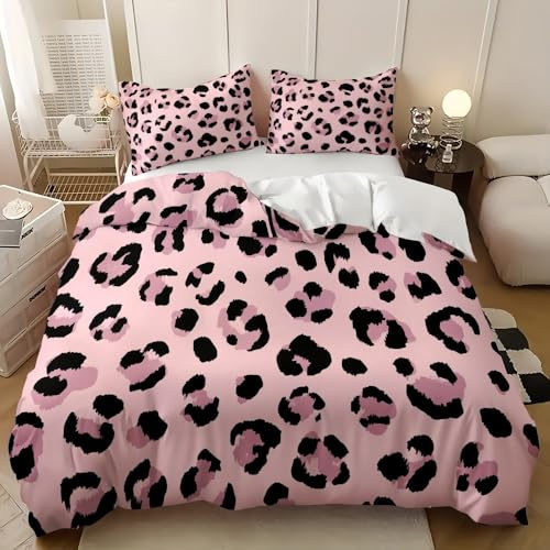 Housse De Couette 240x220 cm avec 2 Taies d'oreiller 3 Pièces Imprimé LéOpard Abstrait Housses De Couette en Microfibre Hypoallergénique Rose Lavable en Machine Parure De Lit