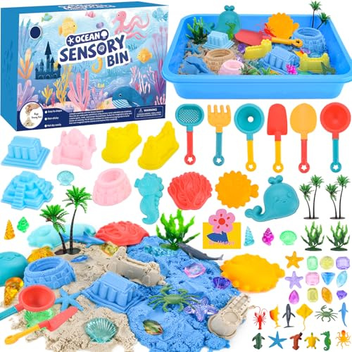 YUTUY Sable Magique Enfant,Jouet Sensoriel de Sable 900g Magic Sand 5 Couleurs,Sable Jouet Kit,Fille Jeu de Sable Kit,Sable Magique Océan Kits avec Bac à Sable,Cadeau D'anniversaire Enfant de 3+ Ans