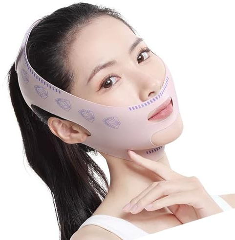 Functional face shaping strap improves visibility on chin line while minimizing forehead expression