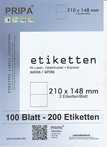 200 Etiketten 210x148mm selbstklebend, 2 Stück auf einem Blatt A4-insgesamt 100Blatt, allround-Qualität weiss