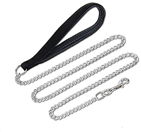HAPPY HACHI Chain Dog Lead 4ft/1.2m, Heavy Duty Chew Proof Metal Dog Lead with Nylon Soft Padded Handle for Small Medium Large Dogs, Black-Width 0.4 cm