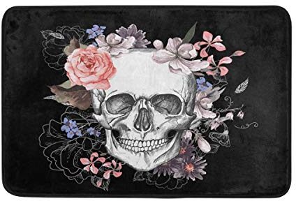 Fußmatte mit Totenkopf-Motiv, für den Eingang, schwarz-pinke Skelette, für den Innenbereich, Fußmatte für Zuhause, Küche, Badezimmer, Büro, Dekoration, 40 x 60 cm