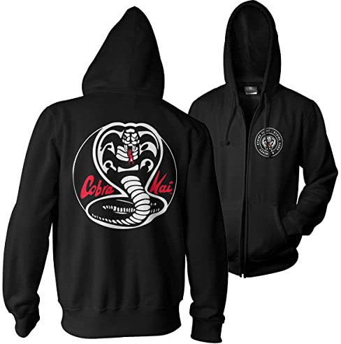 Cobra Kai Offizielles Lizenzprodukt Weiß Patches Zipped Kapuzenpullover (Schwarz)