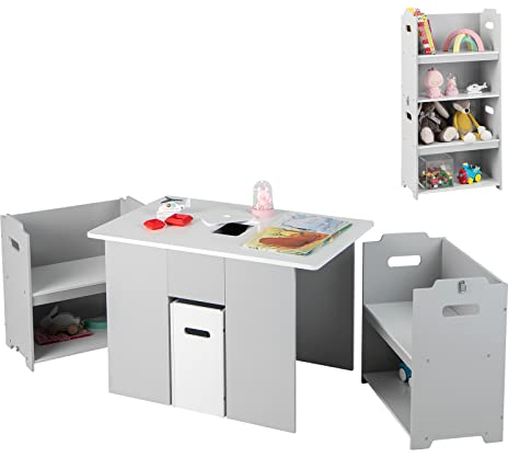 COSTWAY Kids Table and Chair Set, Wooden Toddler Activity Tables with Removable Storage Bin & Lid, Children's Desk Chairs for Playing, Drawing, Reading