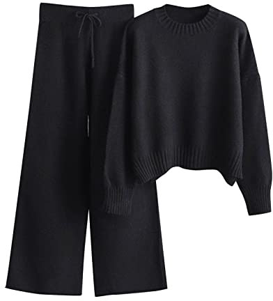 Zweiteiler Damen Strickanzug Langarm Gerippt Strickpullover Top Weites Bein Hose Anzug Sportanzug Langarm Lounge Set Freizeit Outfit Herbst Winter Einfarbig Casual 2 Stück Pullover Set