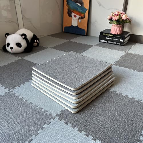 12-teiliges Set Schaumstoff-Bodenmatte, Ineinandergreifende Bodenfliesen Aus Baumwollleinen, Quadratische Puzzle-Matte, Teppichfliesen, Anti-Ermüdungs-Spielmatte Für Zuhause(Color:Hellgrau+Dunkelgrau)