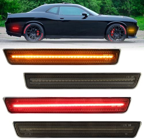 FetonAuto 4PCS LED Seitenmarkierungsleuchten für Dodge Challenger 2015 2016 2017 2018 2019 2020 2021 2022 2023, geräucherte Linse Bernstein rot vorne hinten Stoßstange Markierungsleuchte