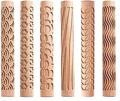 Tagtight 6 x Töpfer Werkzeug, Ton-Modellier-Musterrollen-Set, Ton-Nudelholz, Töpfereimuster-Roller, Strukturierter Handroller, Holzgriff, Töpferwerkzeug-Set, Geschnitzte Werkzeuge