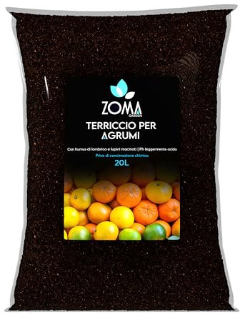ZOMA Terriccio per Agrumi professionale Con Ph Leggermente Acido - Terriccio agrumi Concimato naturalmente con il 20% di Humus Di Lombrico - Sacco 20 Lt