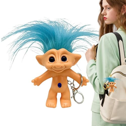 Troll-Schlüsselanhänger Vintage – entzückende Haarfigur in verrückter Farbe | Niedliche Cartoon-Trollpuppe Anti-Verlust, 10 cm für Sammlungen, blau, Se référer au descriptif