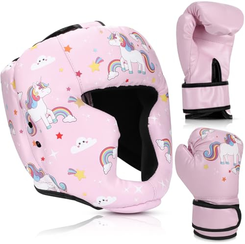 Arrowbash Boxing Headgear and Gloves Set for Kids 6oz Pink Unicorn Boxing Gloves and Wrestling Headgear Sparring Equipment for Boxing Kickboxing Muay Thai BJJ Karate Training
