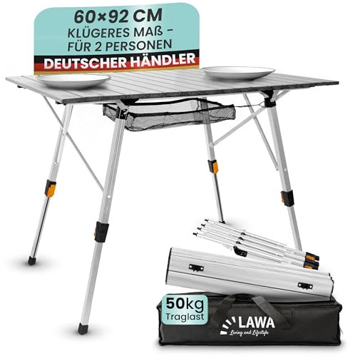Camping Klapptisch höhenverstellbar bis 69,5 cm Aluminium Campingtisch faltbar Camping Rolltisch 2 Personen Balkontisch Klapptisch Silber leicht mit Tragetasche Netz Aufrollbar klappbar