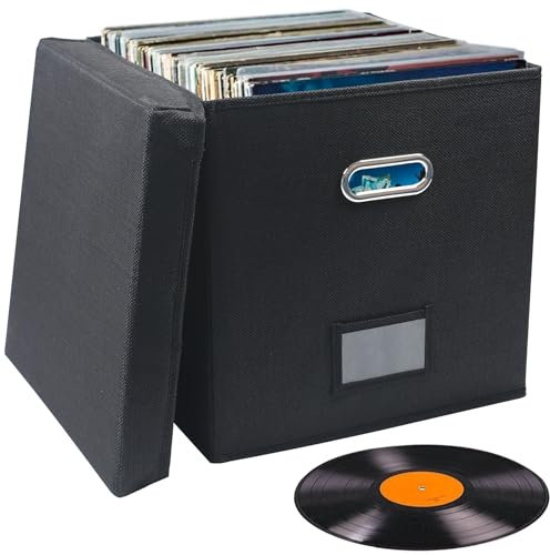 Easyhomie Caja de almacenamiento de discos de vinilo para discos de 7 y 12 pulgadas, gran capacidad para hasta 90 discos, plegable y portátil (negro)
