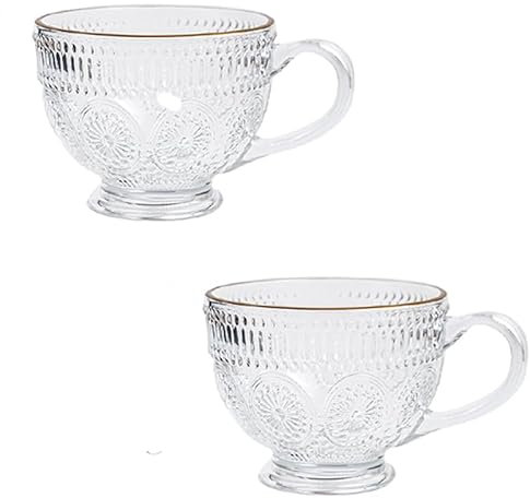 FUENYEJIA Tazza da caffè vintage in vetro, 400 ml, in rilievo, per colazione, ideale per latte, caffè, cappuccino, latte, cereali, yogurt (2)