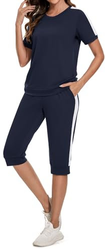 Aottori Jogginganzug Damen Set Rundhals Kurze Ärmel Trainingsanzug Zweiteiler Elegant Hausanzug Freizeitanzug Sportanzug 2 Teiler Sommer Outfits Marine L