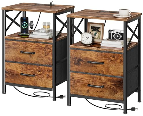 Huuger Night Stand with Charger Station, USB-C Port, End Table | 2 Fabric Drawer Nightstand with Open Shelf, Bedside Table, Compact Size for Small Spaces, X Shaped Side Rail,Rustic Brown