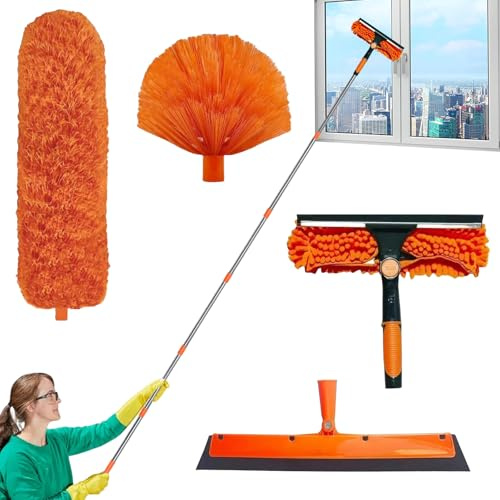 Plumeau télescopique 6 m, kit dépoussiérant avec tige télescopique réglable et extensible de 1,5 à 4,9 m, brosse en toile d'araignée/tête en microfibre/raclette de fenêtre/brosse en verre, pour