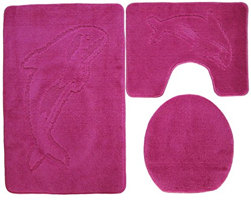 Ilkadim Delphin Badgarnitur 3 TLG. Set 55x85 cm einfarbig, WC Vorleger mit Ausschnitt für Stand-WC (pink)