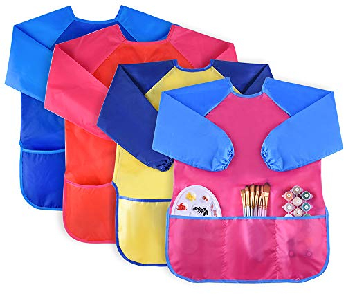 KUUQA 4Pcs Waterproof Kids Play Art Smock, Children's Painting Aprons with Long Sleeve and 3 Pockets for Painting, Feeding,Age 3-6 Years (Paints And Brushes Not Included)