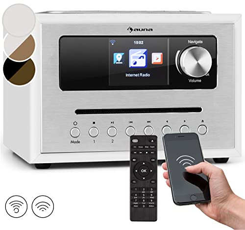 auna Silver Star DAB Radio - Cube Radio, WLAN-Radio mit CD-Player, Micro-Anlage, 21cm Breite, UKW-Tuner, Bluetooth, 10 Watt RMS, AUX-In, App-Steuerung, Holzoptik, inkl. Fernbedienung, weiß