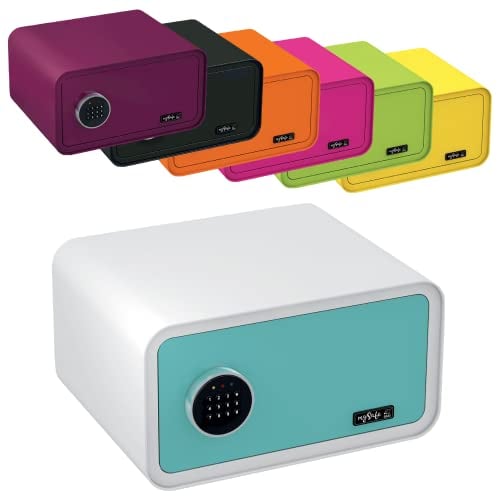 mySafe 430 Code | Elektronischer Tresor mit Zahlenschloss | 23x43x35cm | Design Safe | Möbeltresor | Stahltresor Doppelbolzenverriegelung | Alarm und Notschlüssel | Wand- Bodentresor | Farbe Blau-Weiß