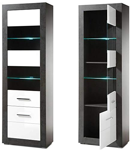Lomadox Vitrine in Hochglanz weiß mit Betonoptik dunkel inkl. LED-Beleuchtung