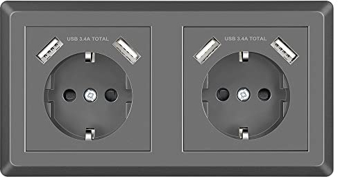 Sasudose Doppelsteckdose mit USB Schuko Unterputz Steckdose System 55 Schutzkontakt-Steckdose Passt in Standard 2-fach Unterputzdose Steckdose Grau Wandsteckdose für Smartphone MP3 Aufladung