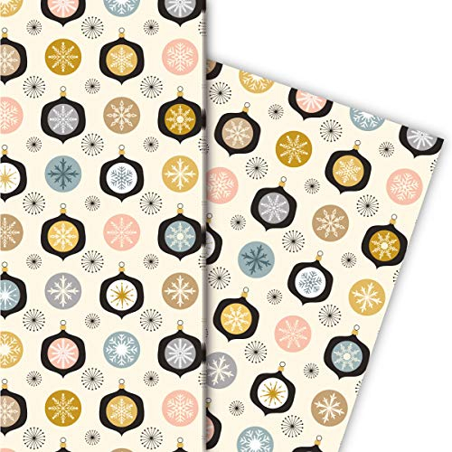 Beige Retro Vintage Weihnachtspapier im 70er Jahre Stil mit Weihnachtsschmuck & Sternen als liebevolle Geschenk Verpackung um schön zu schenken, 32 x 48cm zu Weihnachten