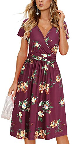 OUGES Women's Summer Short Sleeve V-Neck Floral Casual Ladies Dress with Pockets(FloralR,XL)