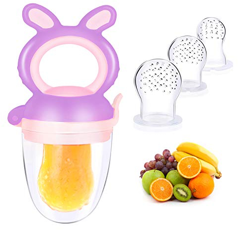 Oladwolf Fruchtsauger Baby Schnuller, Schätzchen obstschnuller mit 3 Silikon Obstsauger Nippel Ersatz in 3 Größen, BPA Frei Baby Beißring für Obst Gemüse Baby Essen Beikost, lila