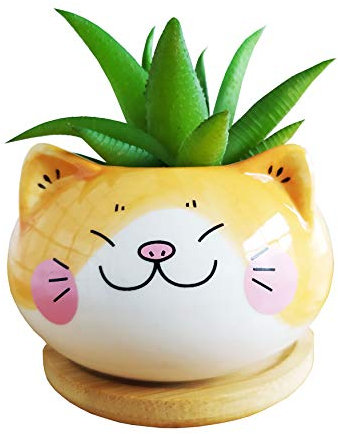 Cuteforyou Mignon pot de fleurs d'intérieur en céramique en forme de chat de dessin animé 8,9 cm avec plateau en bambou - Plante non incluse (jaune)