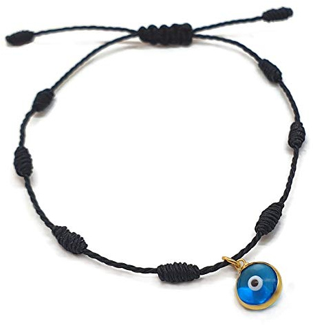 MYSTIC JEWELS by Dalia - Bracelet Kabbalah - Cordon 7 noeuds de fil noir avec un petit oeillet en 925 argent plaqué or - Unisexe - Réglable - Protection de Mal d'Oeil - Bonne chance - Good Luck (Noir)