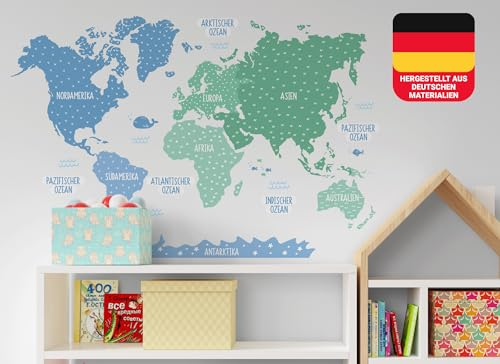 osomhome - Wandtattoo Weltkarte Kinder - *Deutsch* [120x80cm] Pastellfarben Blau-mint | Wandtattoo Kinderzimmer Junge & Mädchen, Wandsticker Kinderzimmer Jungen | World Map Wall Decoration | os5011