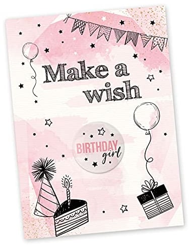 Papierdrachen Postkarte mit Button | Make a wish zum Verschicken und Verschenken | Design rosa | 35mm Button bedruckt mit Birthday girl