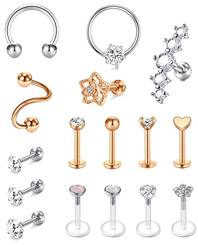 Rajnard 16pcs Piercing Helix Piercing Tragus Cartilage en Acier Chirurgical Piercing d'oreille Cartilage 16G CZ piercing bijoux femmes hommes argent or rose
