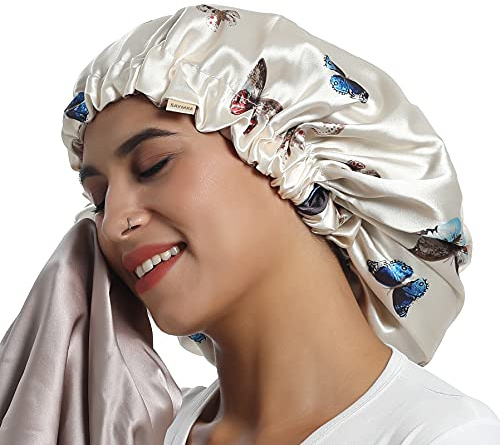 SAYMRE 100% Mulberry Silk Lined Bonnet Adjustable Satin Sleep Cap 19 Momme Silk Bonnet for Women Curly,Long Hair Care