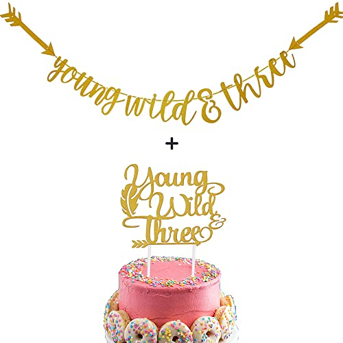 Young Wild & Three Gold Glitter Banner und Kuchen Topper für Baby 3. Geburtstag Party Dekorationen
