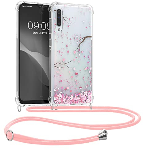 kwmobile Necklace Case kompatibel mit Samsung Galaxy A50 Hülle - Silikon Cover mit Handykette - Rosa Dunkelbraun Transparent Kirschblütenblätter