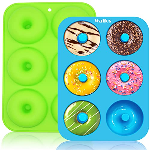 Walfos Silikon Donut Formen, 2 Stück Silikon Donut Backform Antihaft Donut Backblech für Kuchen Keks Bagels Muffins, Geeignet für Geschirrspüler, Backofen, Mikrowelle (6 Cup Regular Donut Pan)