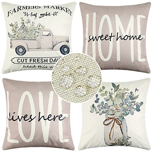 Kissenbezüge 40x40cm Wasserdicht Leinen Eukalyptus Vase Grün Pflanze Dekorative Kissenbezug Kissenhülle für Sofa Schlafzimmer Wohnzimmer Patio Outdoor Cafe Auto Garten Zuhause Dekoration 4er Set