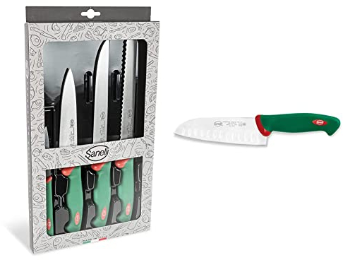 Sanelli 909604 Confezione Coltelli Chef 4 Pezzi & Premana Professional Coltello Santoku Olivato, Acciaio Inossidabile, Verde/Rosso
