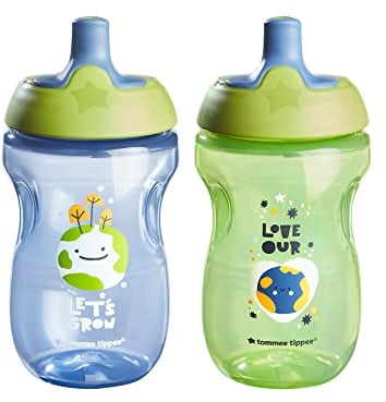 Tommee Tippee Sportee Water Bottle for Toddlers, Spill-Proof, Playful and Colorful Designs, Easy to Hold Design, 10oz, 12m+, 2 Count, Blue and Green