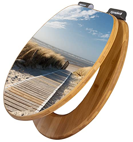 banjado Design WC Sitz Bambus Absenkautomatik 45,8x37,5cm / Toilettendeckel mit Absenkautomatik Holz/hochwertiger Bambus Klodeckel/WC-Sitz für gängigen Toiletten/Motiv Dünen