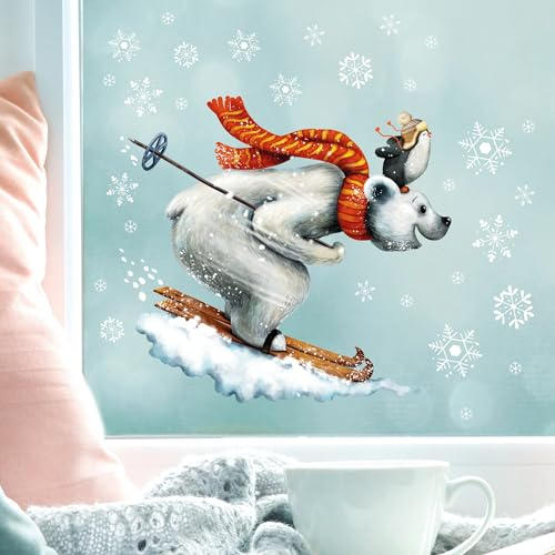 Wandtattoo Loft Fensterbild Weihnachten Winter Eisbär Pinguin Ski mit Schneeflocken Adventsdeko Weihnachtsdeko wiederverwendbar, 1. A4 Bogen