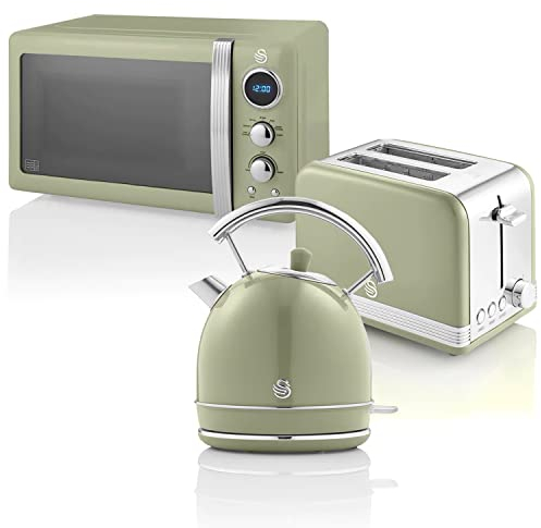 Swan Retro Colazione Set 1,8 L Bollitore, Tostapane a 2 Fette, Microonde Digitale 20L, 6 Livelli di Potenza, Timer, Porta Effetto Specchio, Design Vintage, Verde, Taglia Unica STRP2070GNEU